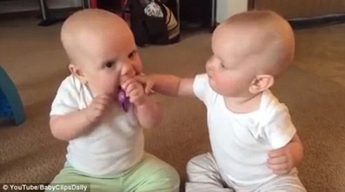 双胞胎女婴争夺奶嘴
